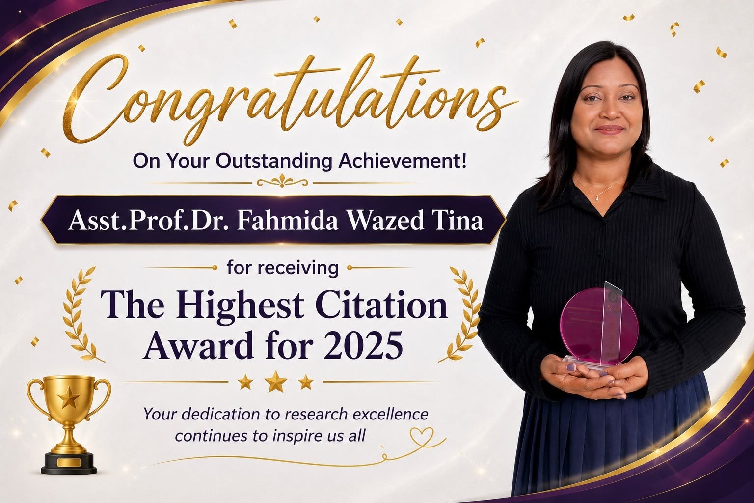 Congratulations to Dr. Fahmida Wazed Tina on Receiving the 2025 Highest Citation Award 2025